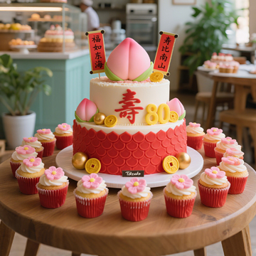原创祝寿主题双层鲜奶蛋糕（含14个纸杯蛋糕）